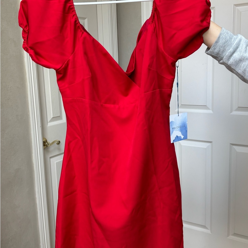 MAJORELLE Red Ruffled Mini Dress with Puff Sleeves